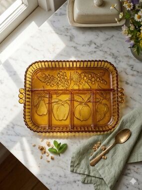 Indiana Glass "Fruits" Pattern Amber Relish Tray — 5-Section Divided Dish